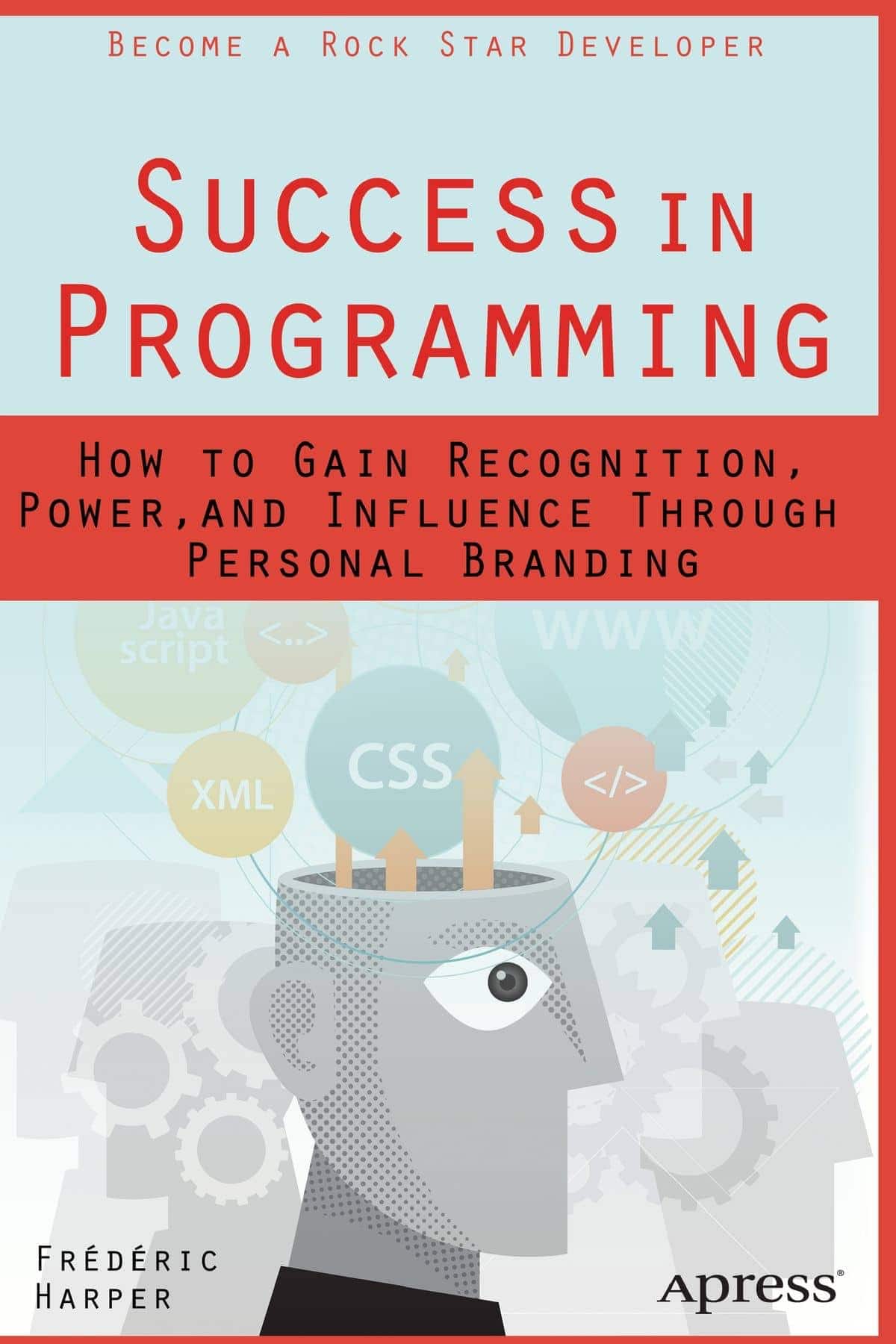 My book cover: the title and a head with programming languages getting out