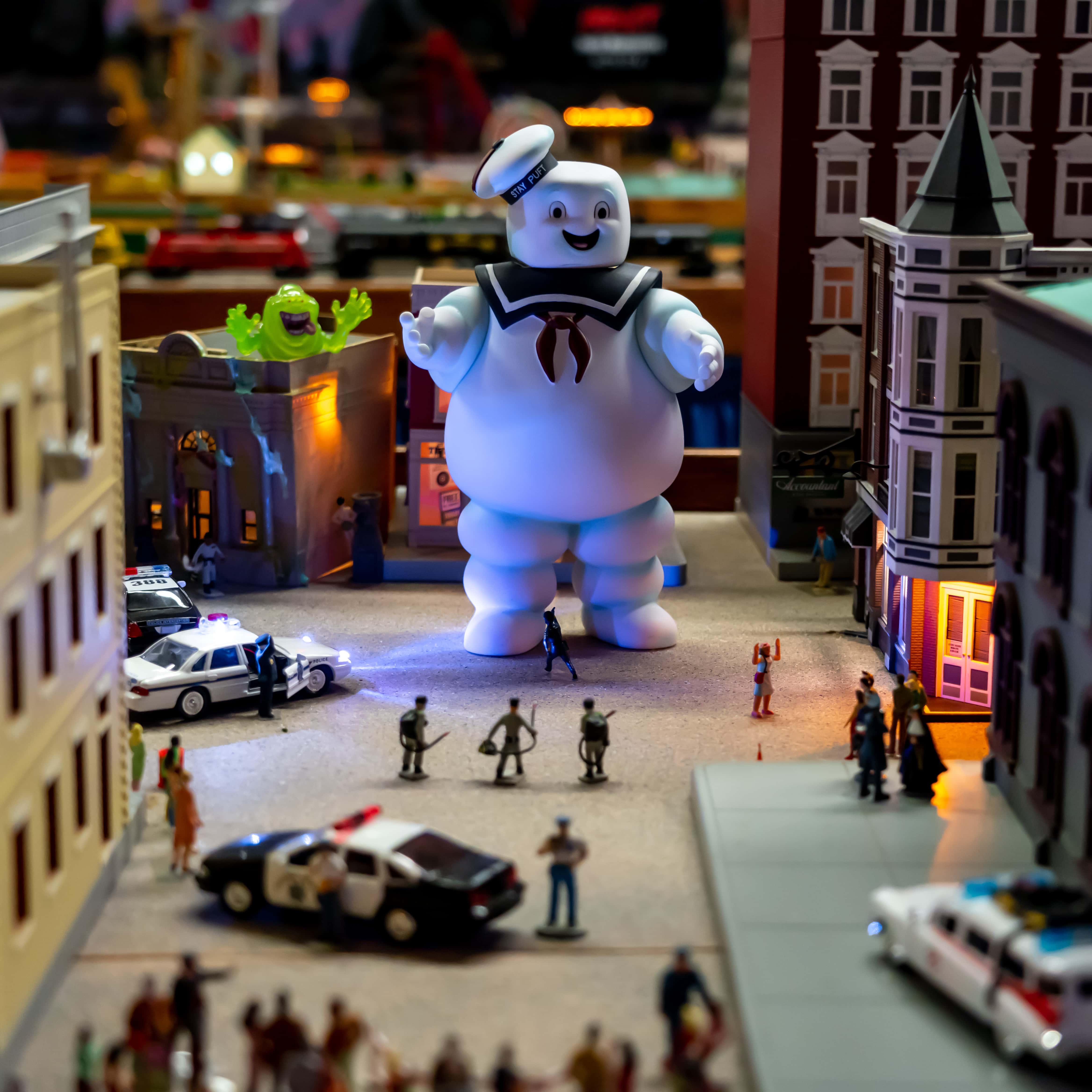 Ghostbusters Stay-Puft Marshmallow in a toy landscape